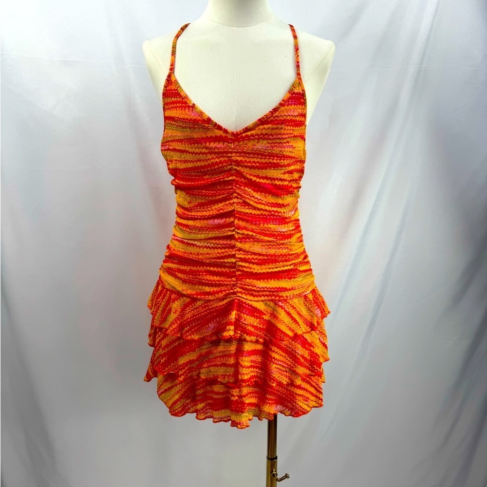 Ruched Dress Size Medium Orange Spaghetti Straps Ruffled - Picture 3 of 5